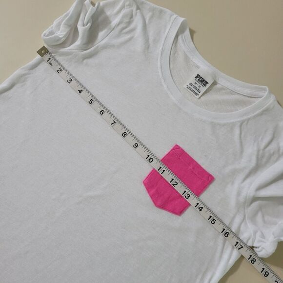 PINK Victoria's Secret White Crewneck Short Sleeve Tee Pink Chest Pocket - Picture 3 of 12